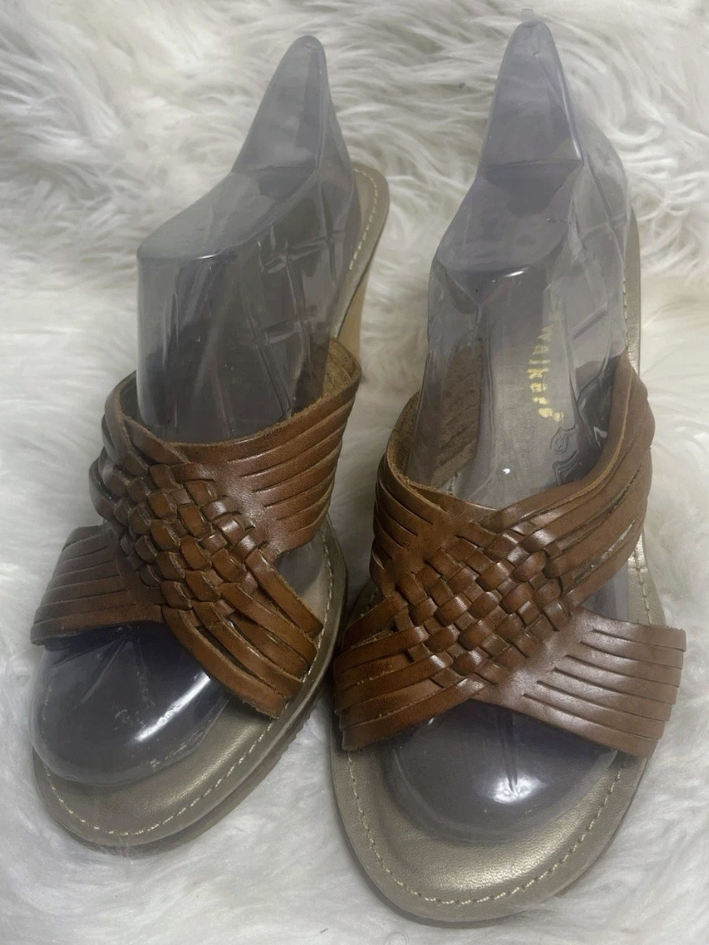 Cloudwalkers Isabel Woven Leather Tan Wooden Wedge Sandals Women's Size 13W